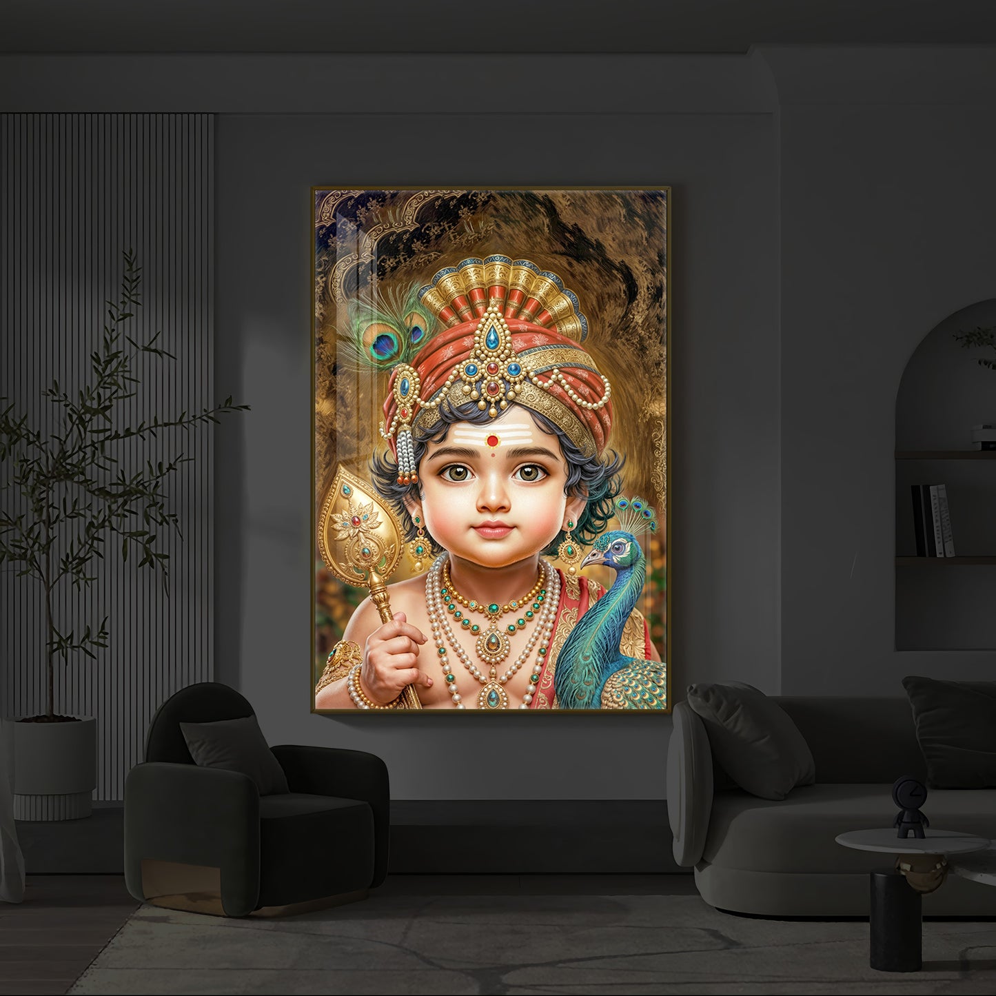 Little Murugan With Peacock Modern Luxury Backlight Vertical Wall Art