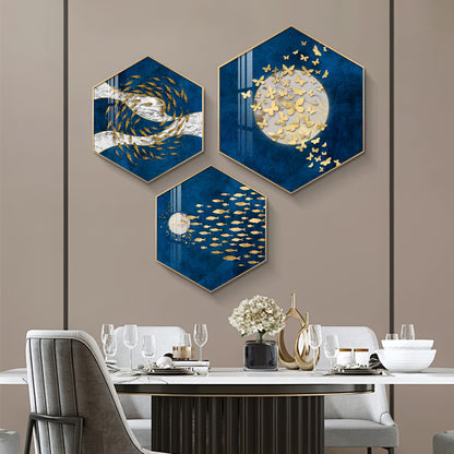 Golden Fish And Butterfly Premium Acrylic Hexagon Wall Art (Set of 3)