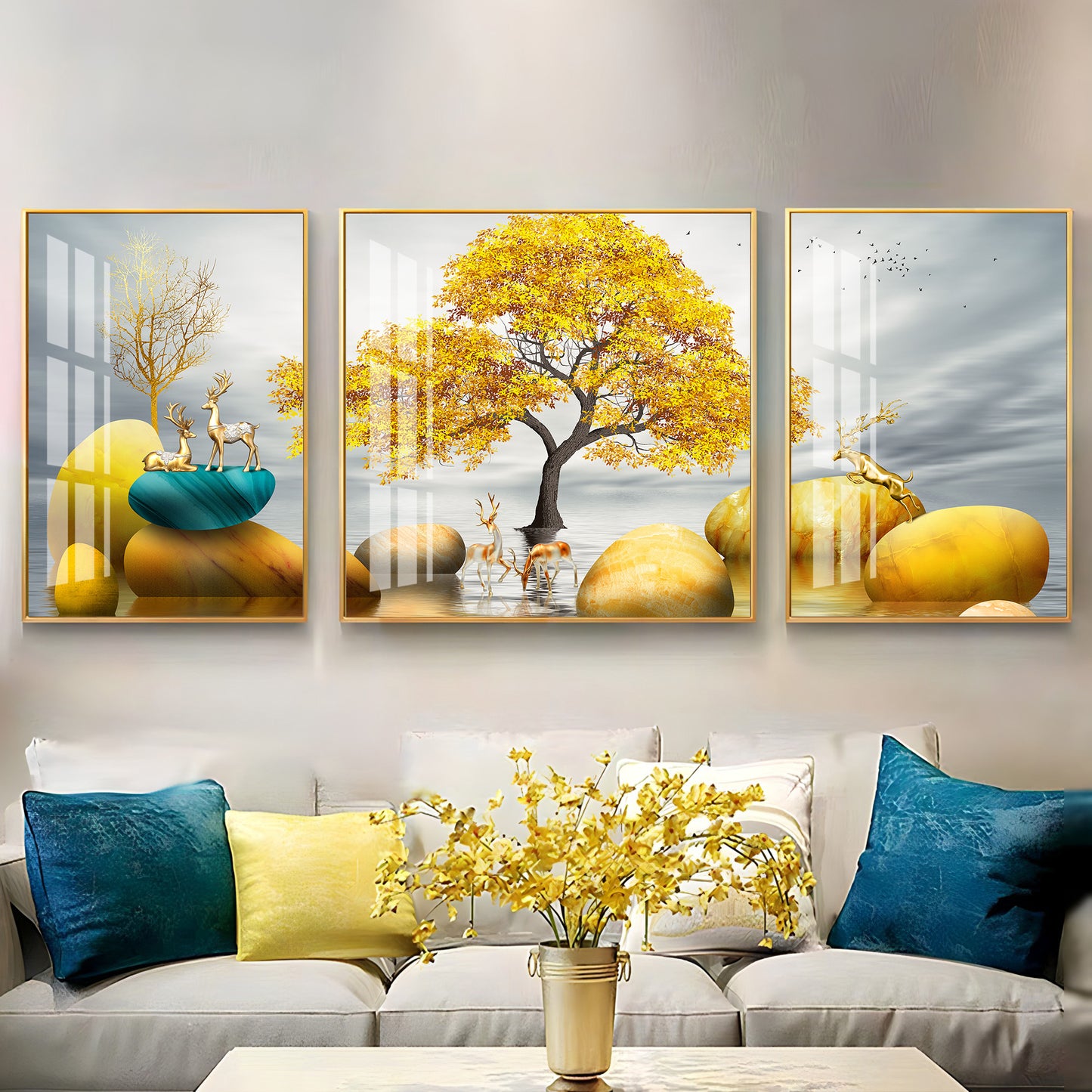 Golden Glory Premium Acrylic Wall Art (Set of 3)