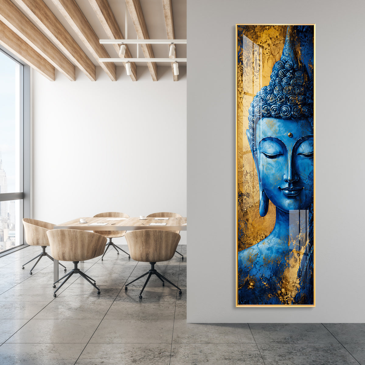 Blue and Gold Meditating Buddha Premium Acrylic Vertical Wall Art