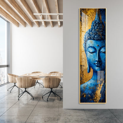 Blue and Gold Meditating Buddha Premium Acrylic Vertical Wall Art