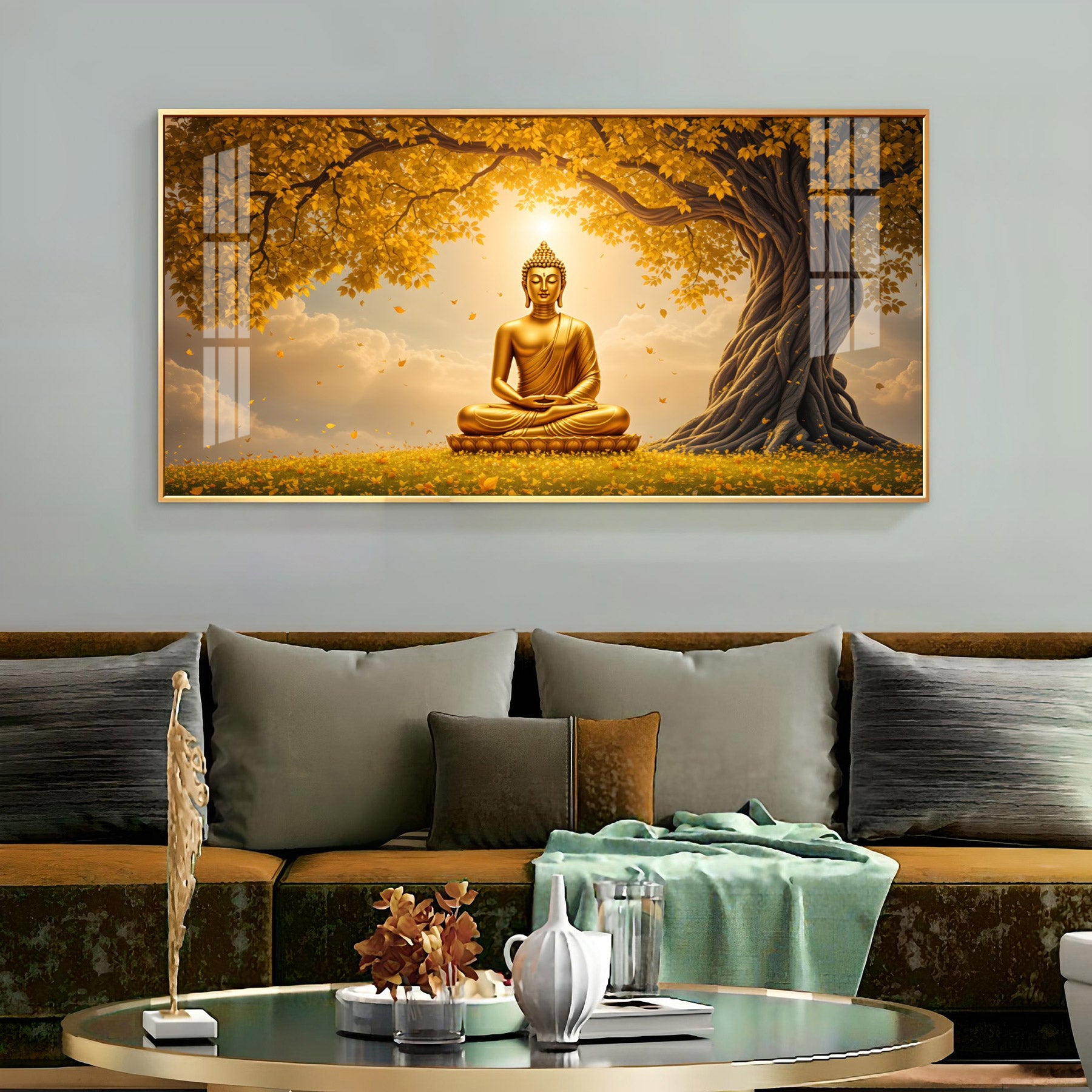 Meditating Buddha Under Goldern Tree Premium Acrylic Horizontal Wall Art