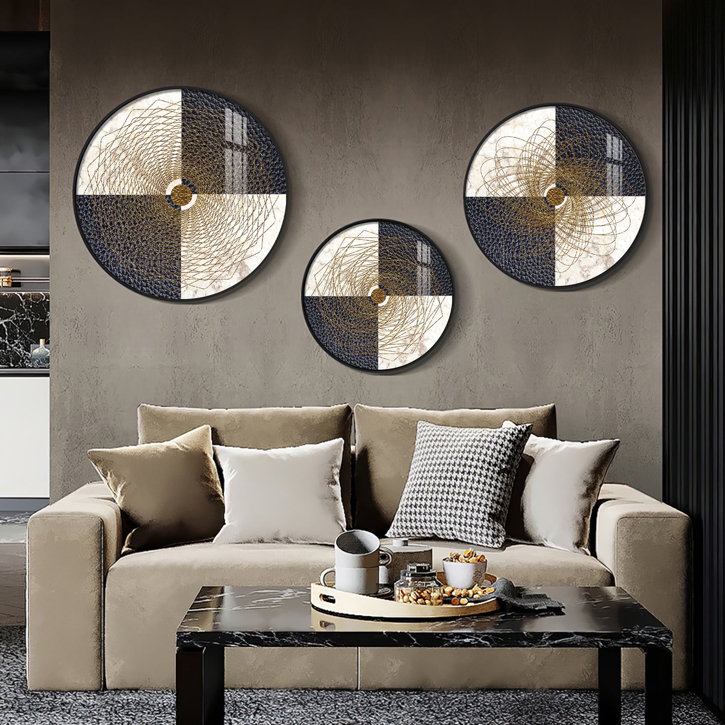 Spiral Line In Golden Premium Acrylic Round Wall Art (Set of 3)