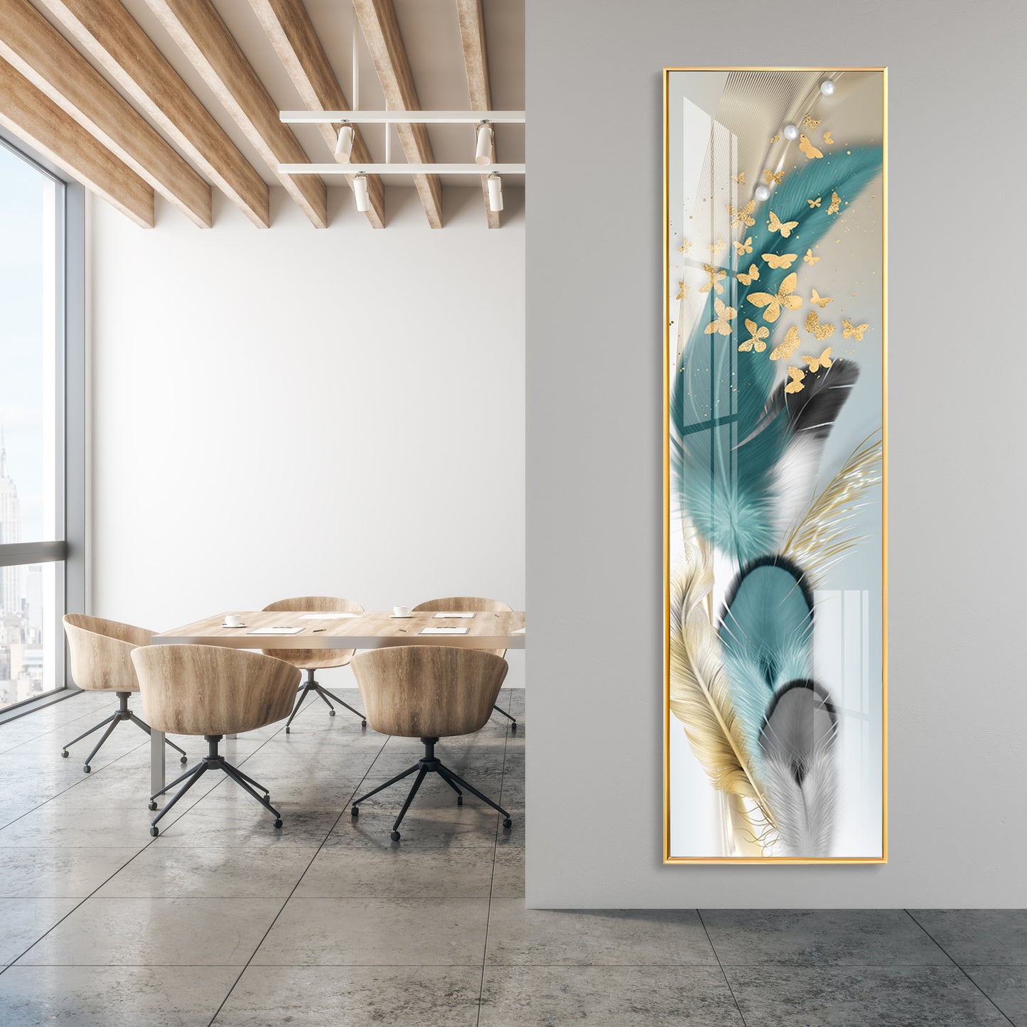 Colorful Feathers With Butterfly Premium Acrylic Vertical Wall Art