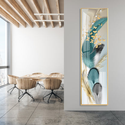 Colorful Feathers With Butterfly Premium Acrylic Vertical Wall Art