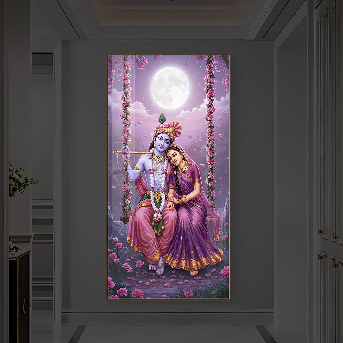 Loving Radha Krishna Modern Luxury Backlight Vertical Wall Art