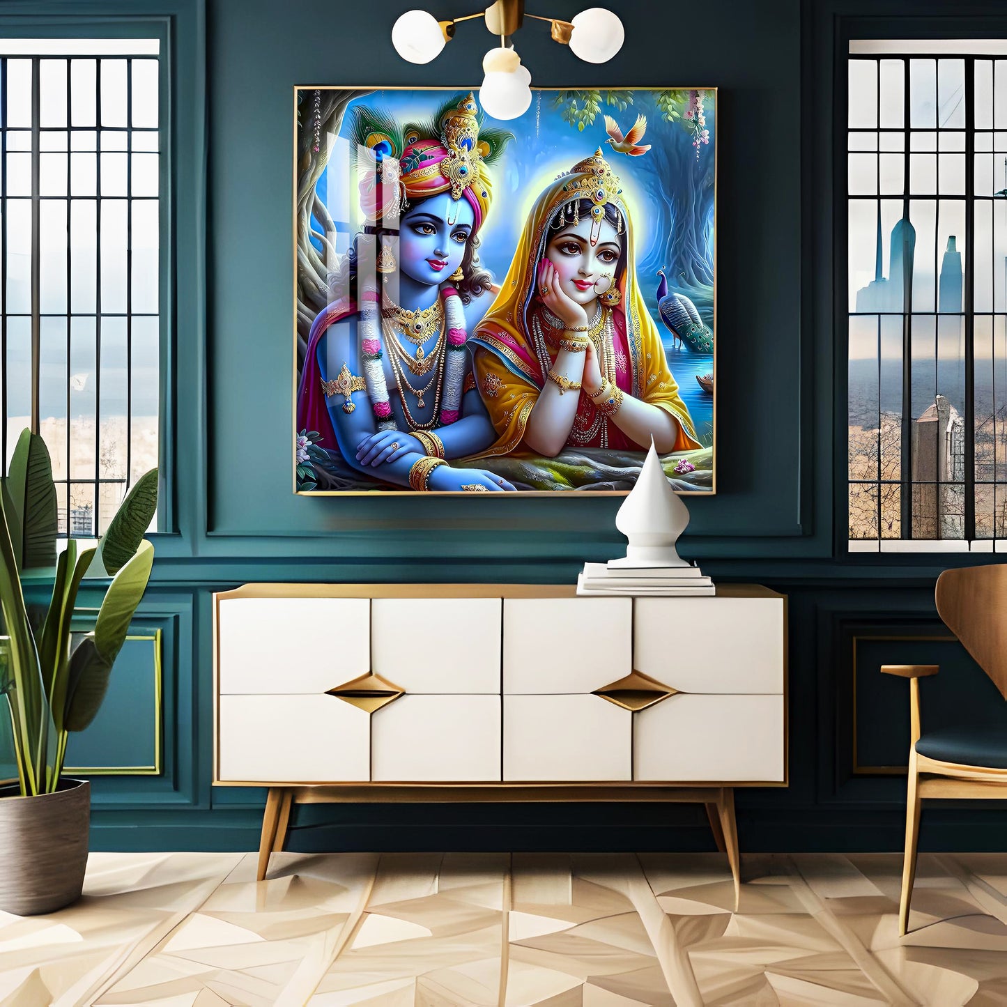 Radha Krishna In Vatika Premium Acrylic Square Wall Art