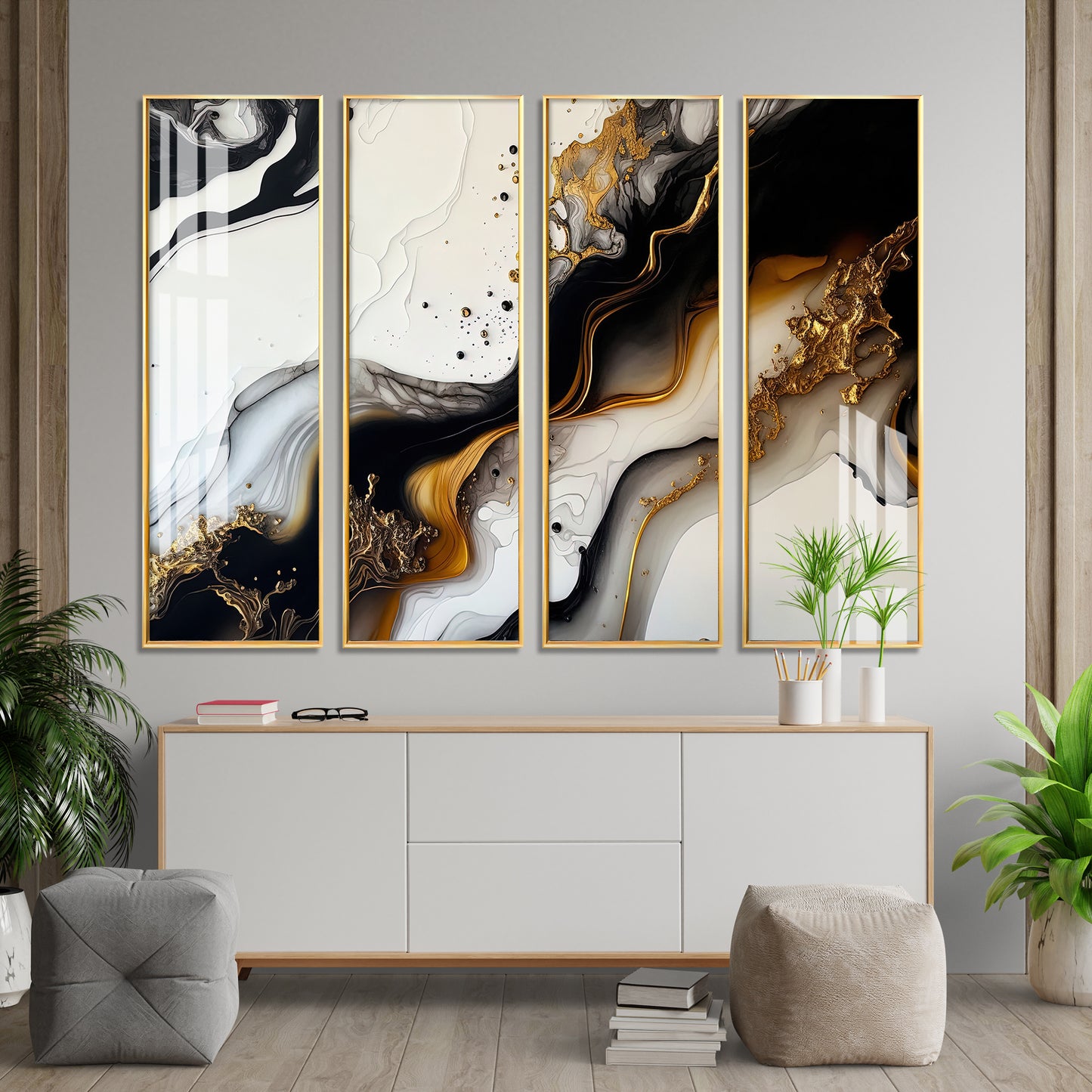 Black & Golden Splash Premium Acrylic Vertical Wall Art (set of 4)