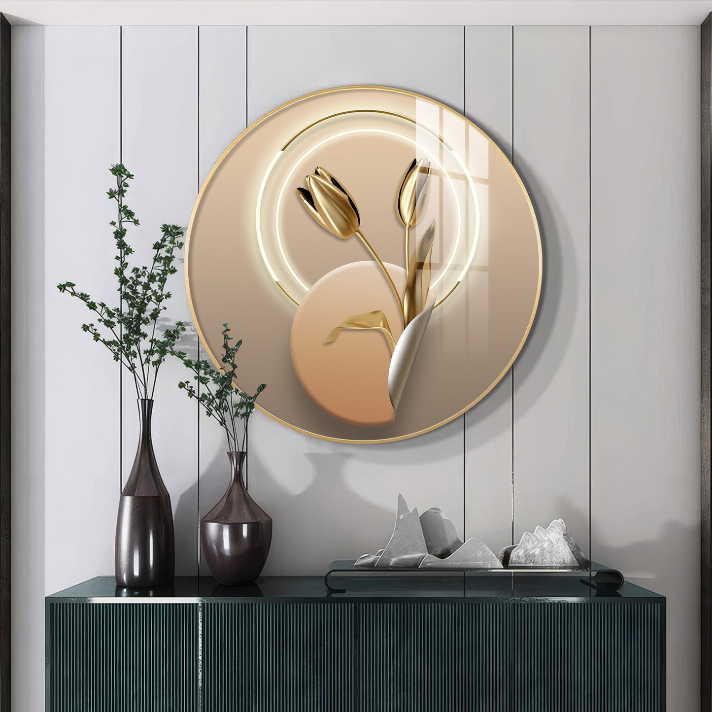 Golden Petal Premium Acrylic Round Wall Art