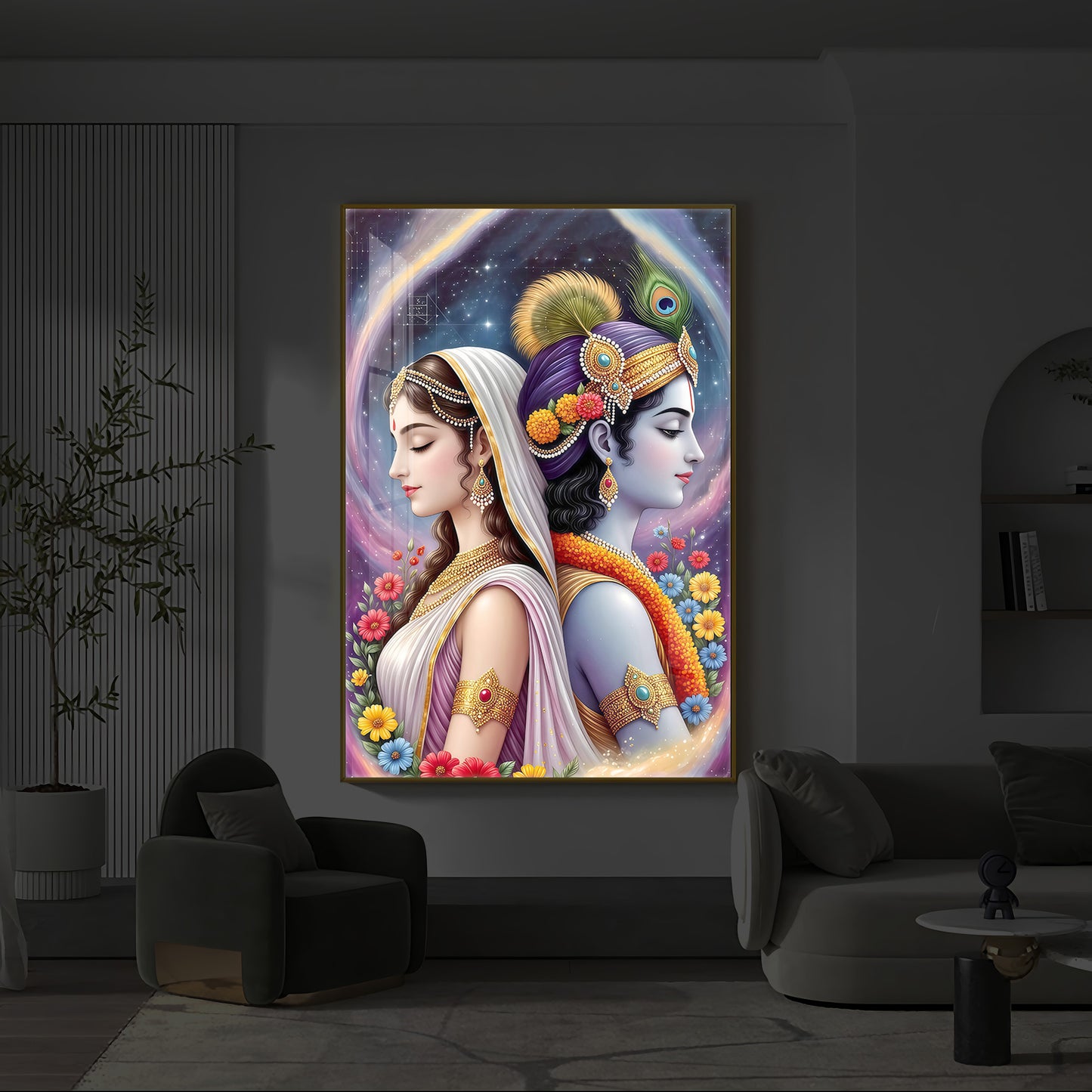 Lord Sri Radhe Krishna Modern Luxury Backlight Vertical Wall Art