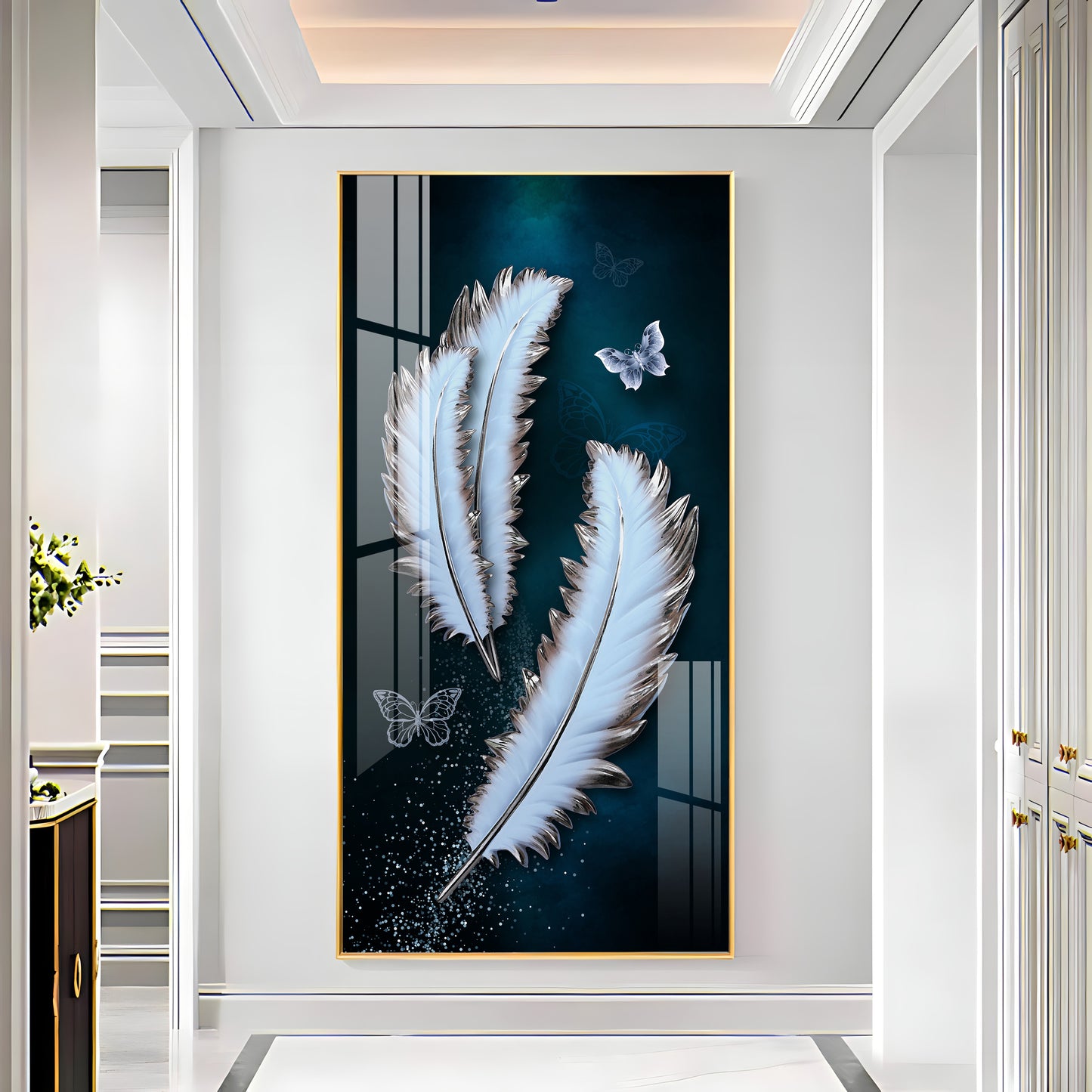 Magical Feathers With Butterfly Premium Acrylic Vertical Wall Art