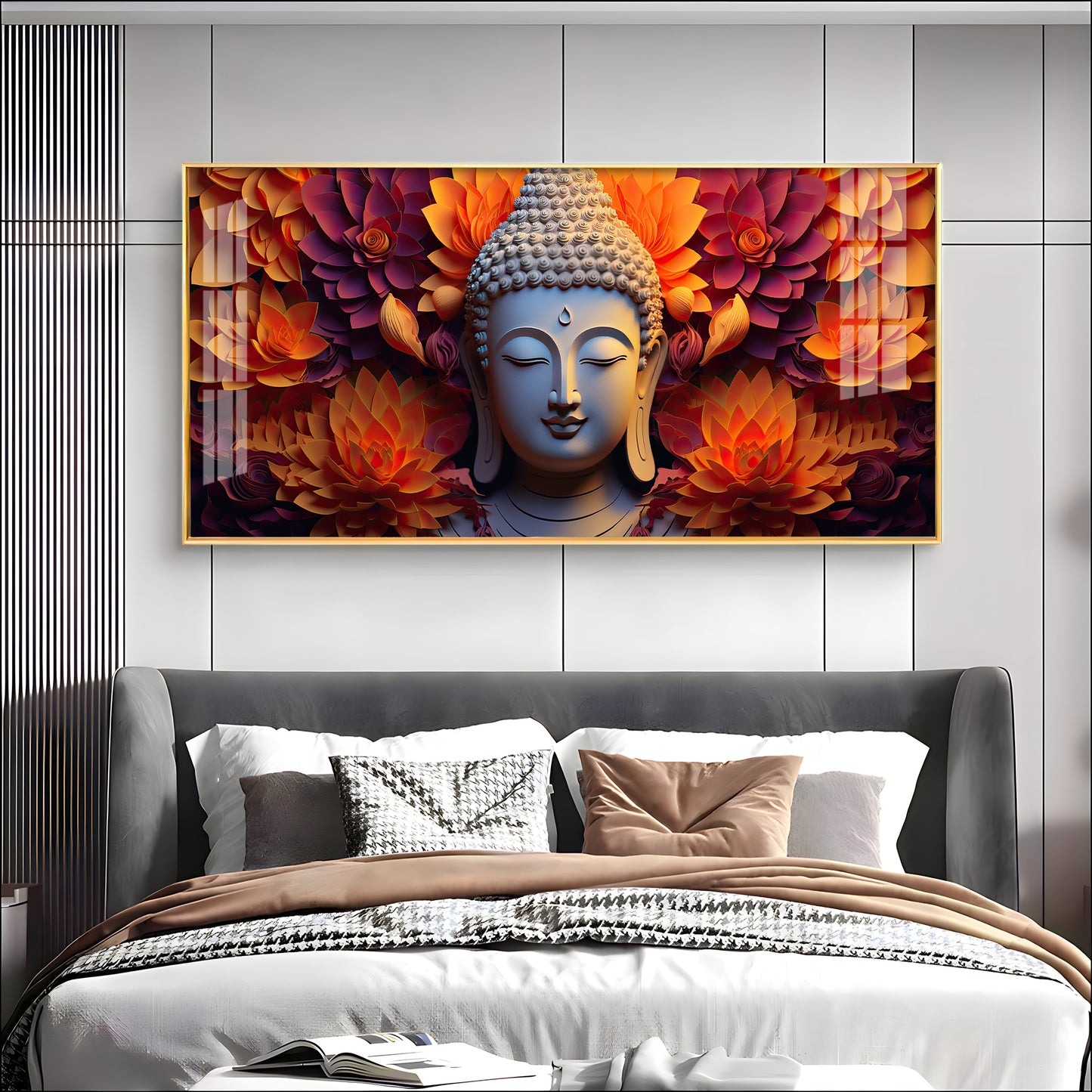 Buddha With Blooming Flower Premium Acrylic Horizontal Wall Art