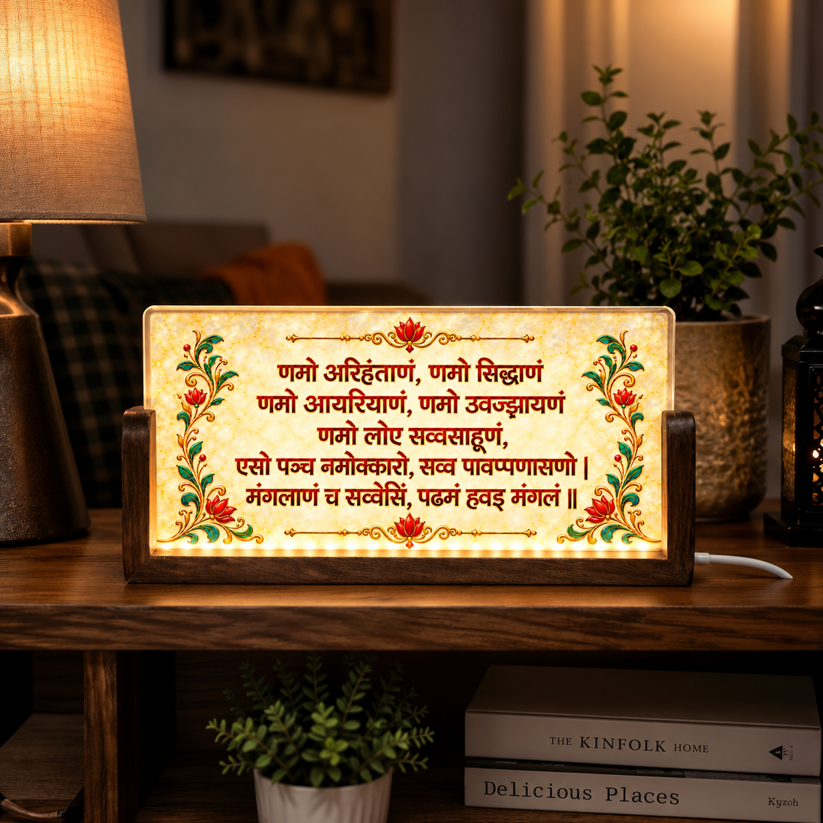 Jain Navkar Mantra Acrylic LED Table Lamp - Wooden Stand