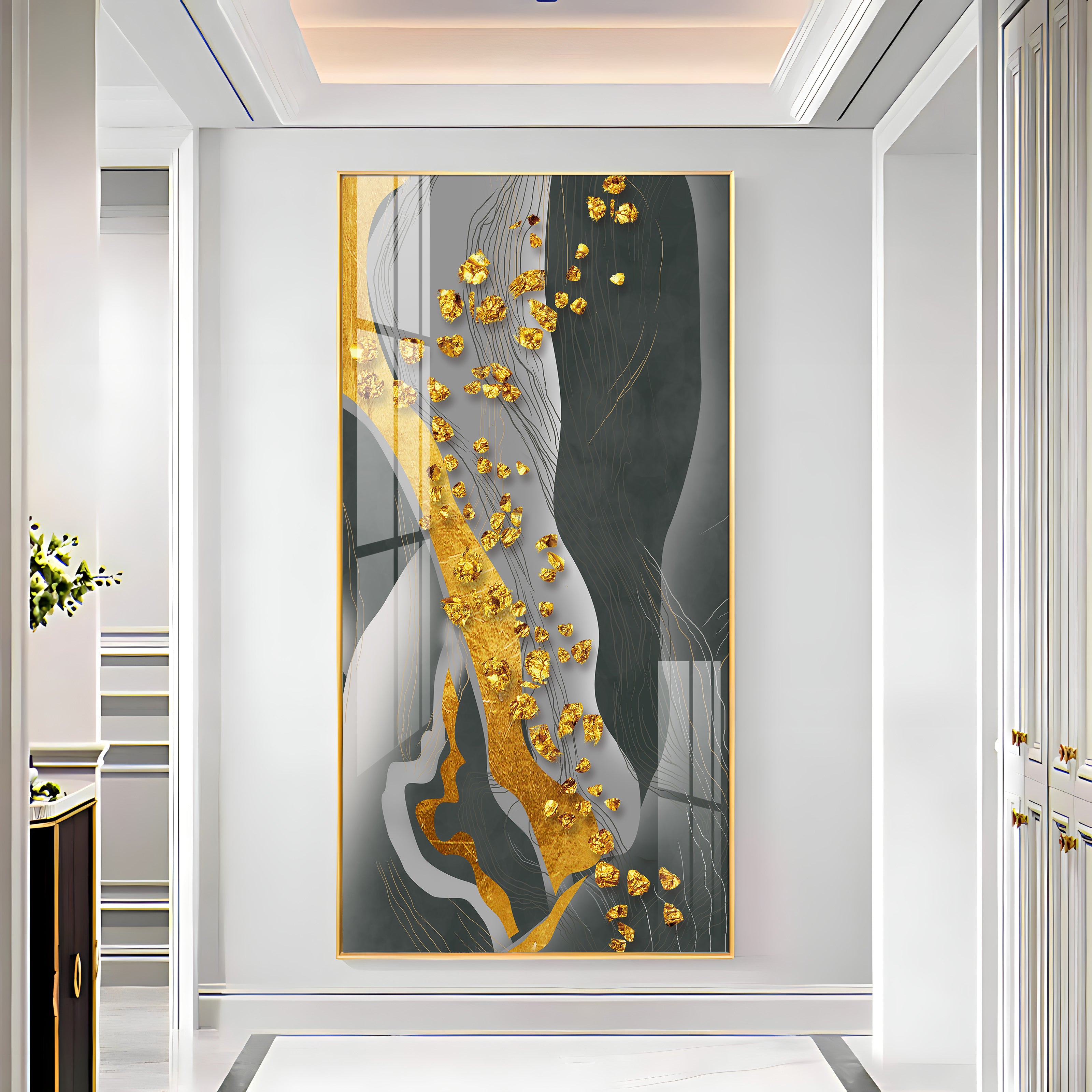 Glittering Golden Flowers Premium Acrylic Vertical Wall Art