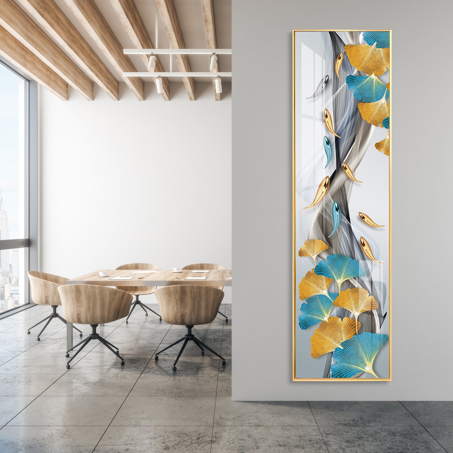 Blue & Golden Leaves With Fishes Premium Acrylic Vertical Wall Art