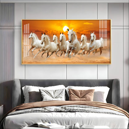 White 7 Running Horses Premium Acrylic Horizontal Wall Art