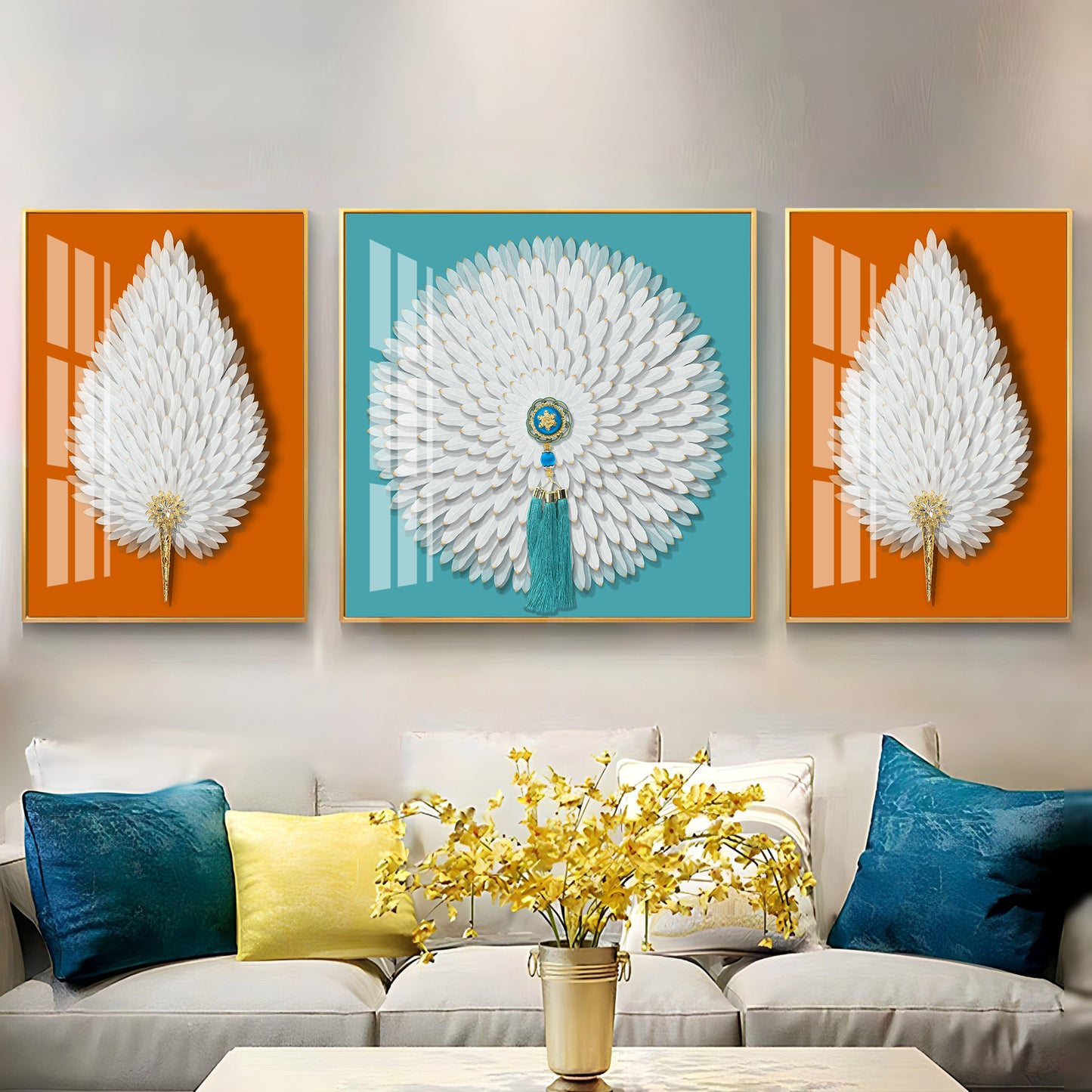 Paper Feather Art  Premium Acrylic Wall Art (Set of 3)