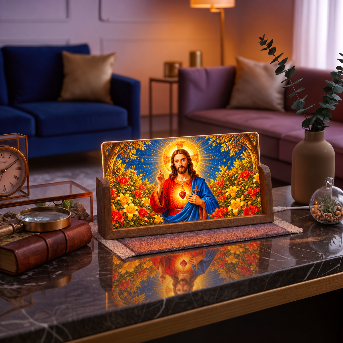 Sacred Jesus Acrylic LED Table Lamp - Wooden Stand