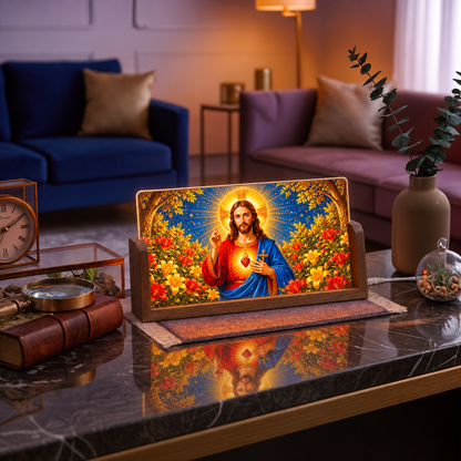Sacred Jesus Acrylic LED Table Lamp - Wooden Stand
