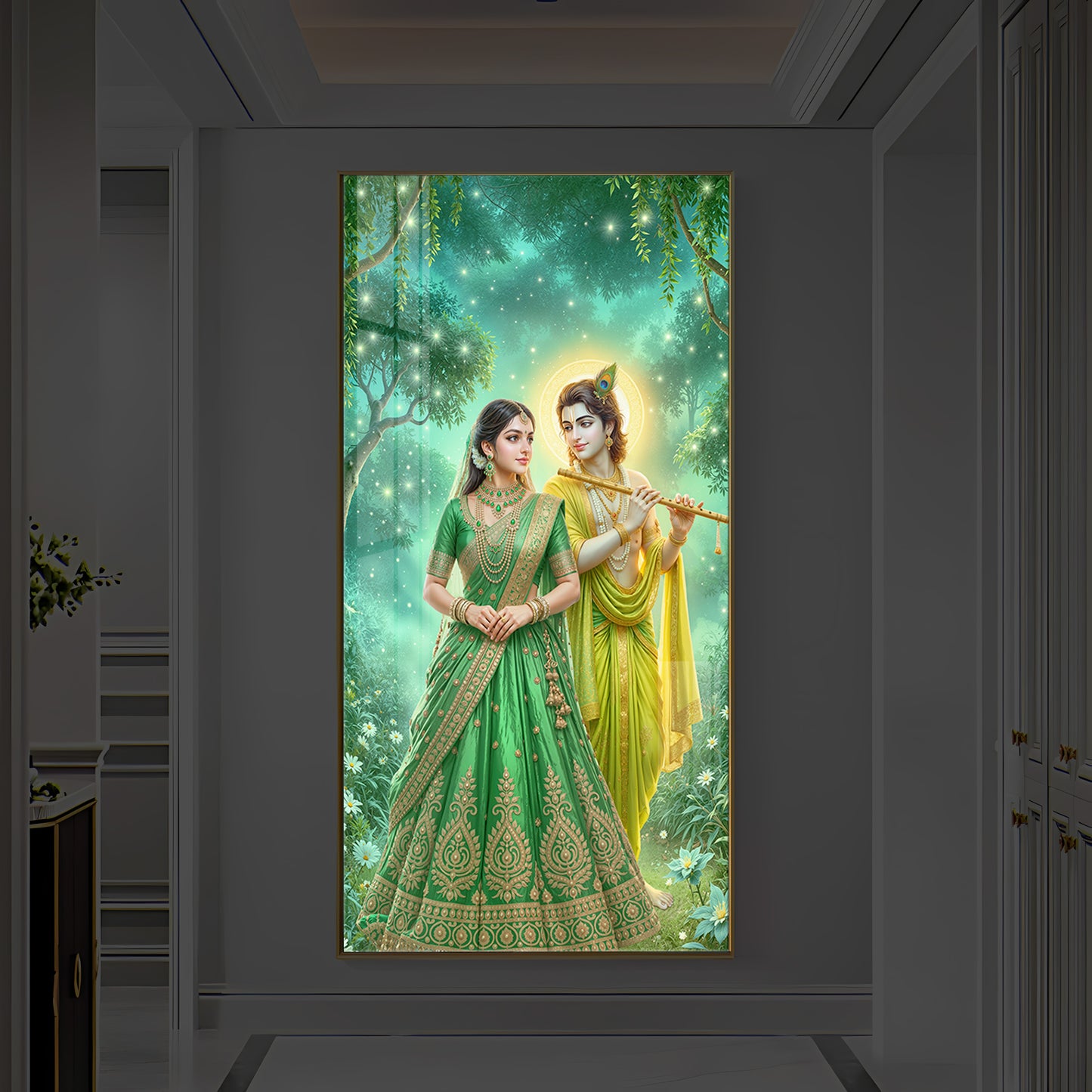 Shri Radhe Krishna Modern Luxury Backlight Vertical Wall Art
