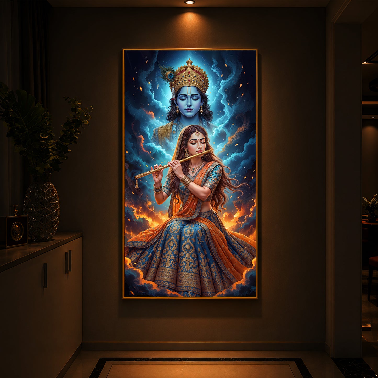 Radhe Krishna Colorful Modern Luxury Backlight Vertical Wall Art