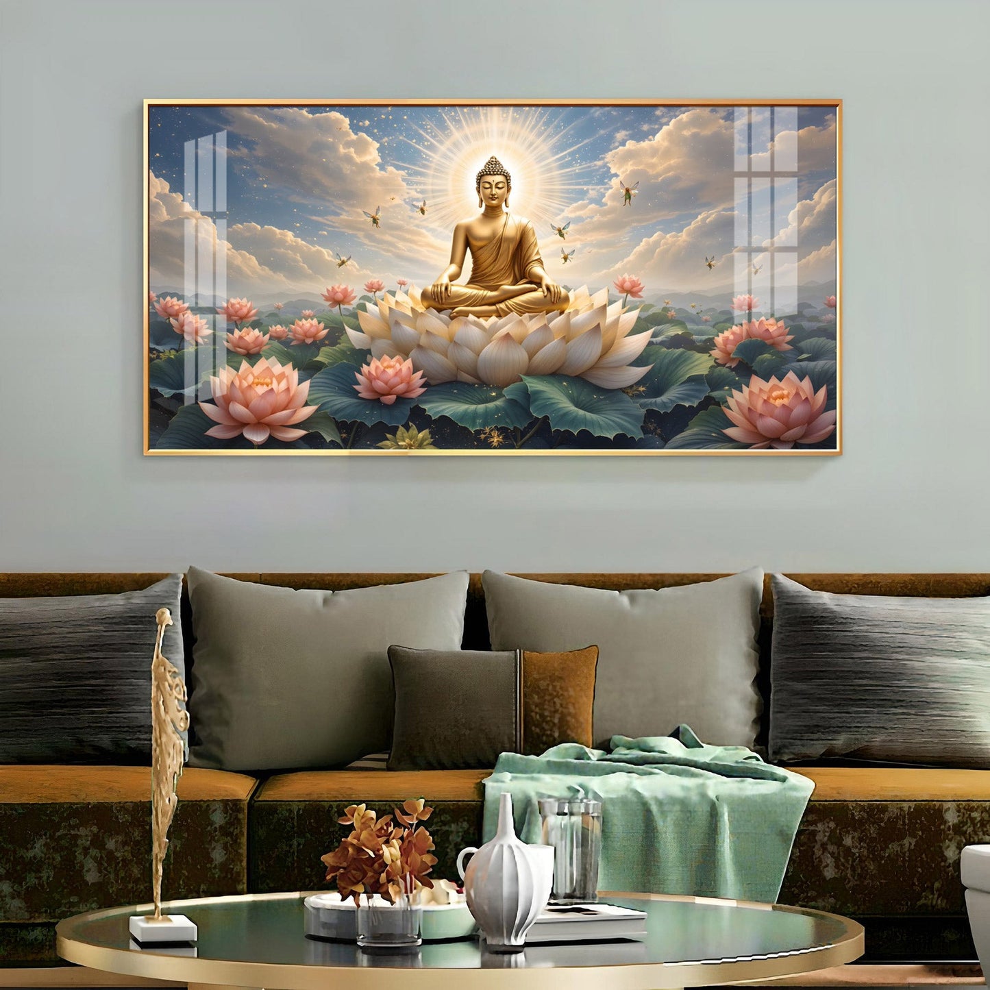 Peaceful Buddha On Lotus Premium Acrylic Horizontal Wall Art - 40X20 inches / Gold