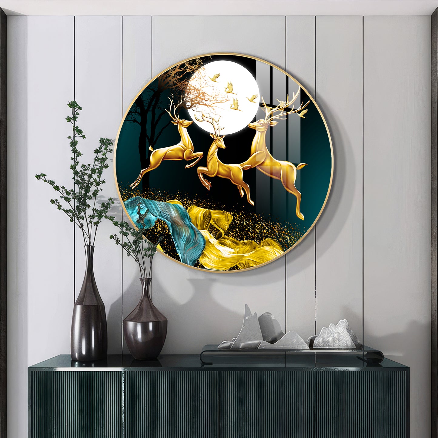The Deer’s Ascent Premium Acrylic Round Wall Art