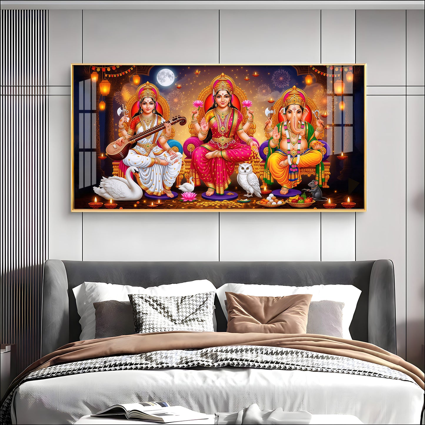 Maa Laxmi With lord Ganesh ji and Godess Saraswati Premium Acrylic Horizontal Wall Art