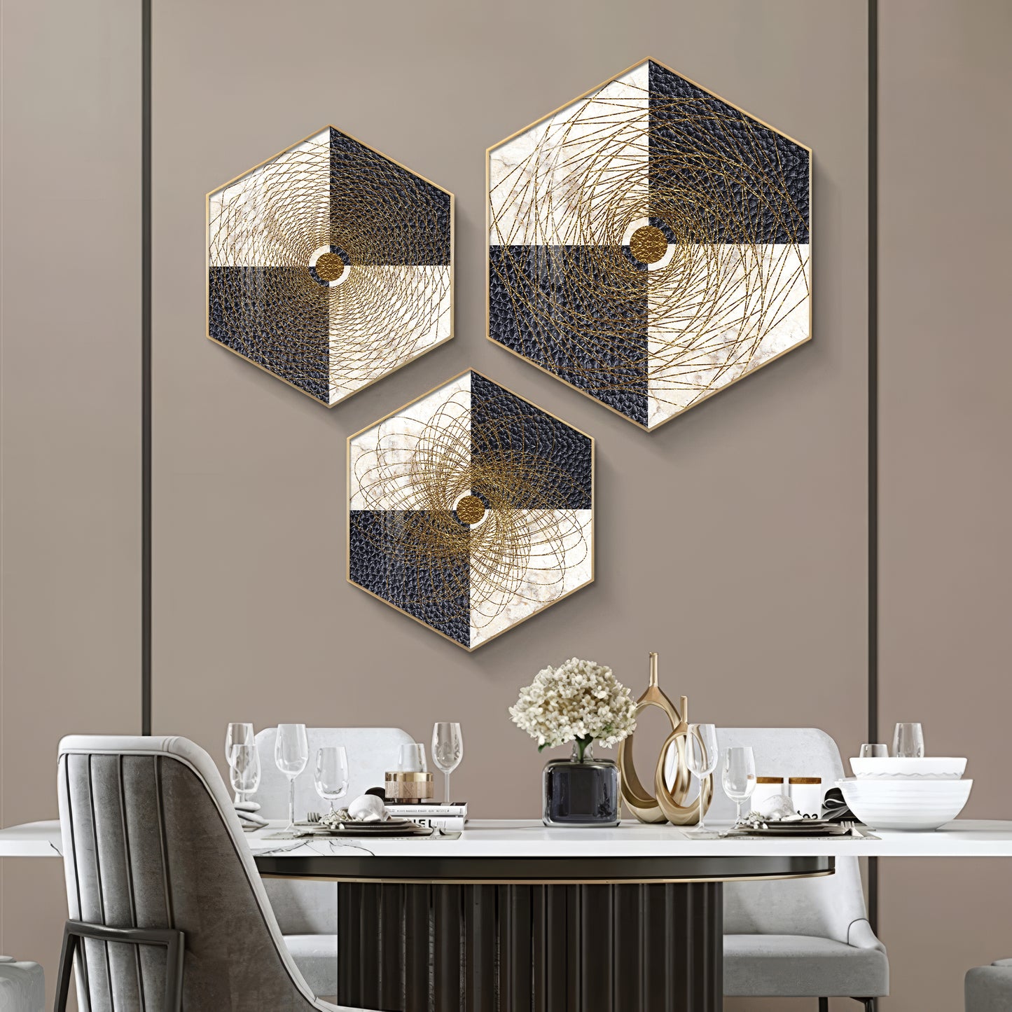 Spiral In Golden Premium Acrylic Hexagon Wall Art (Set of 3)