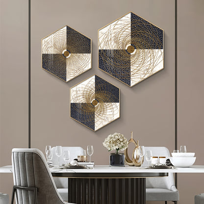 Spiral In Golden Premium Acrylic Hexagon Wall Art (Set of 3)