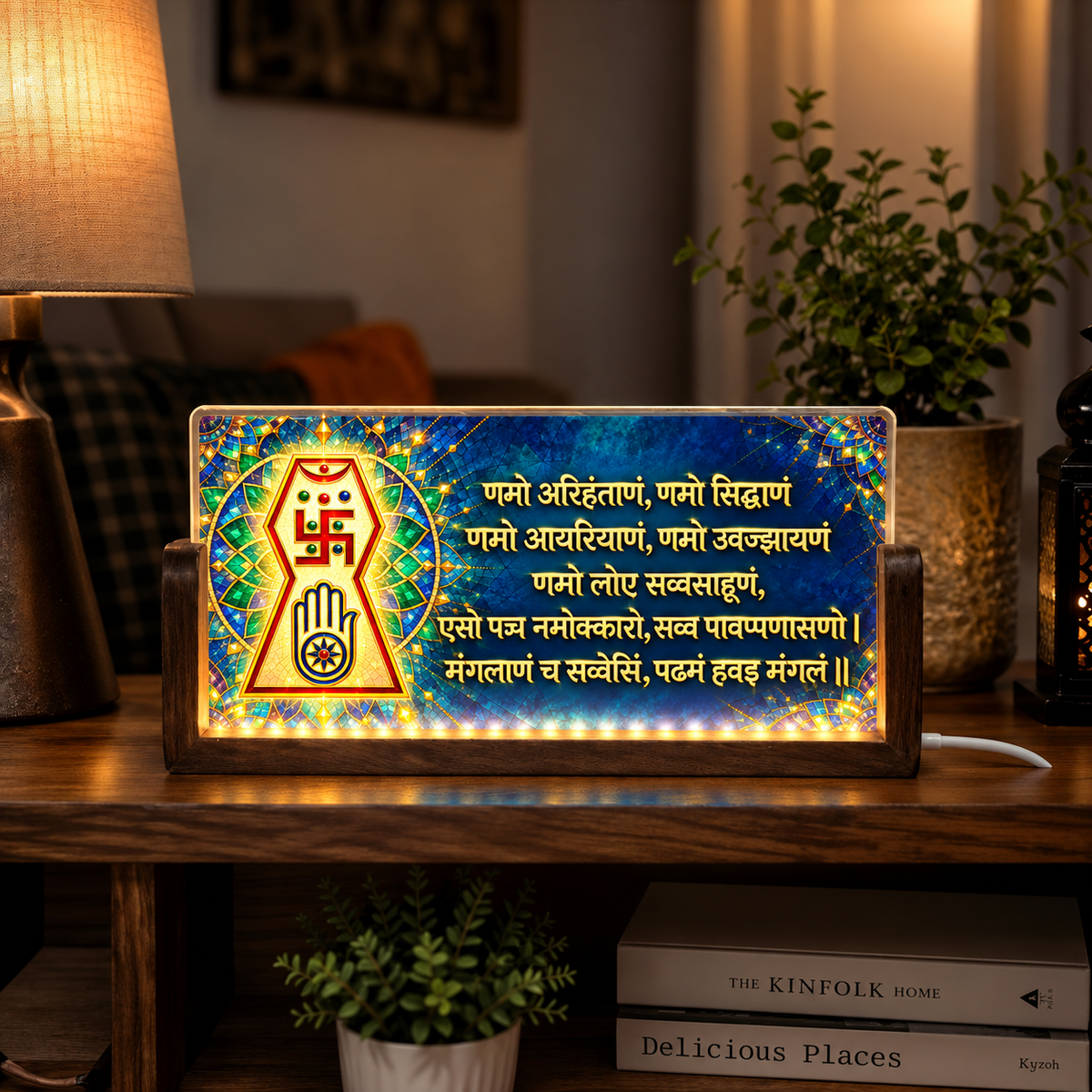 Jain Symbol Navkar Acrylic LED Table Lamp - Wooden Stand
