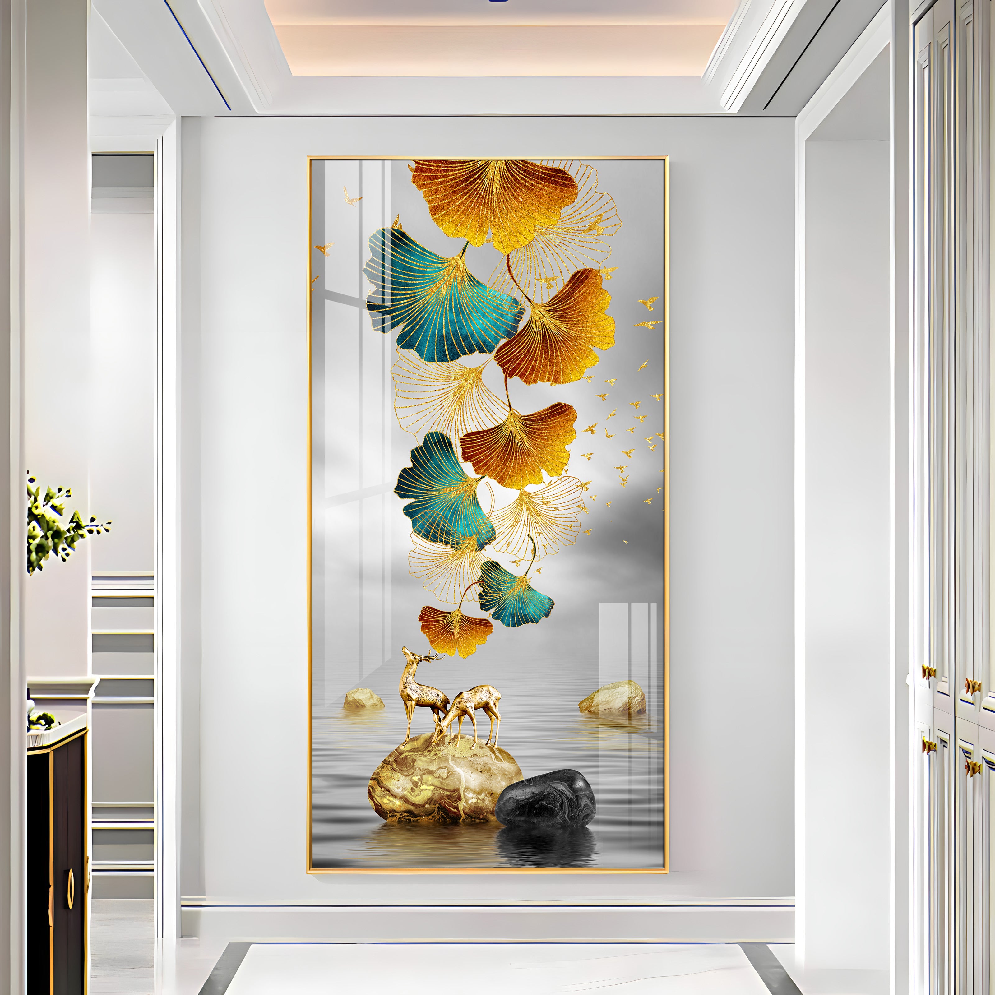 Golden Elk Leaves With Deer Luxury Crystal Vertical Wall Art