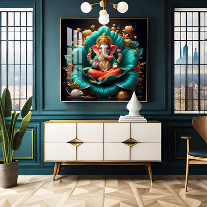 Lord Ganesh Lotus Serenity Premium Acrylic Square Wall Art