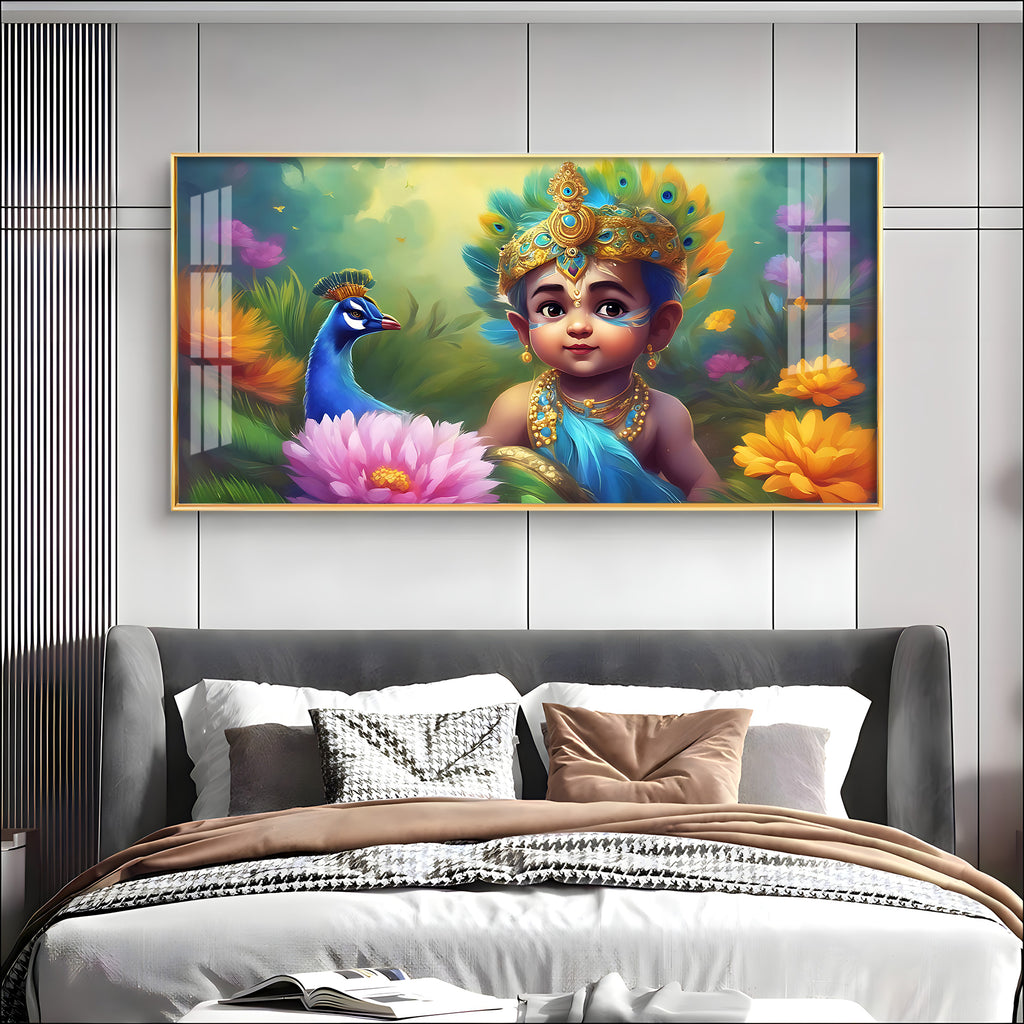 Little Krishna With Peacock Premium Acrylic Horizontal Wall Art