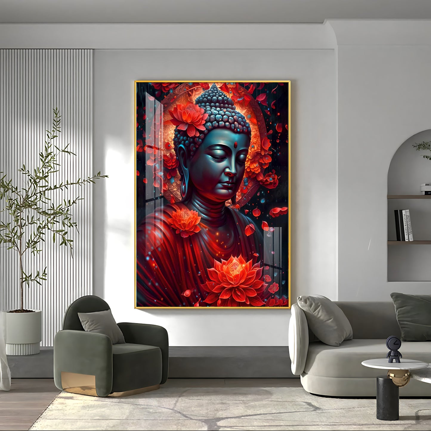 Red Buddha With Lotus Premium Acrylic Vertical Wall Art