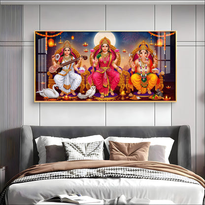 Lord Ganesha With Godess Saraswati and Maa Laxmi Premium Acrylic Horizontal Wall Art