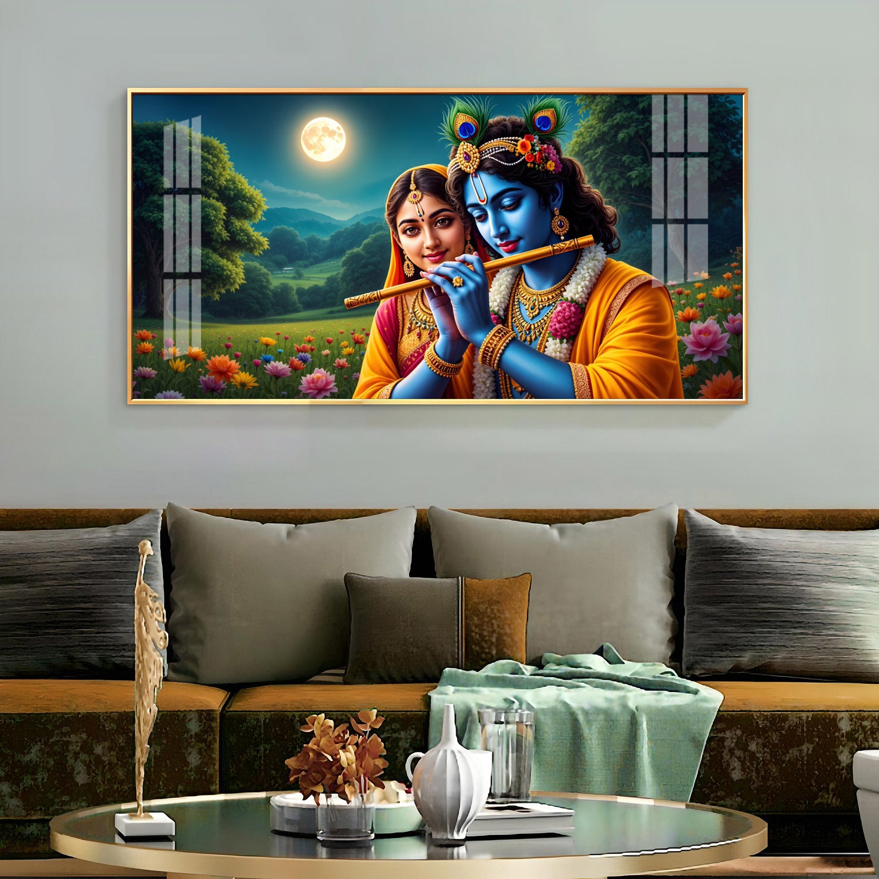 Radha Krishna With Flute Premium Acrylic Horizontal Wall Art