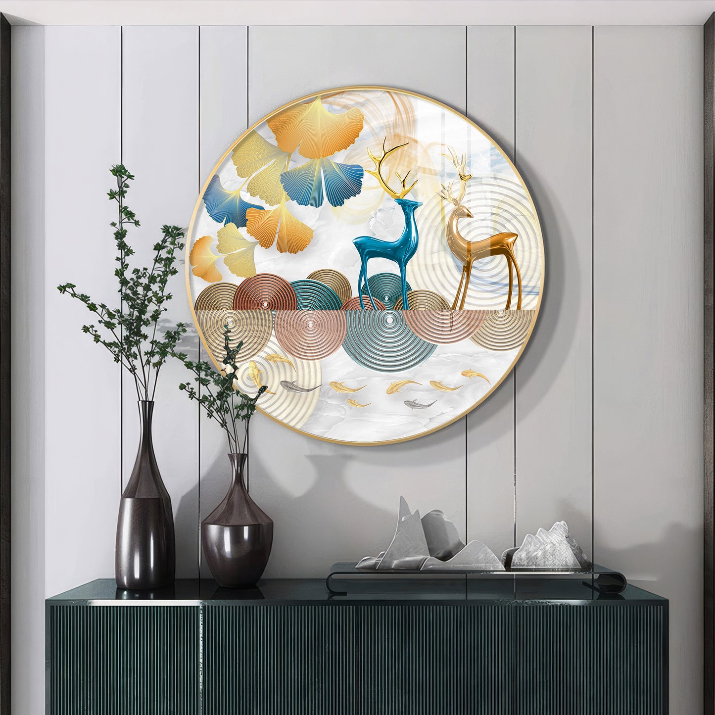 Deer Among Blossoms Premium Acrylic Round Wall Art