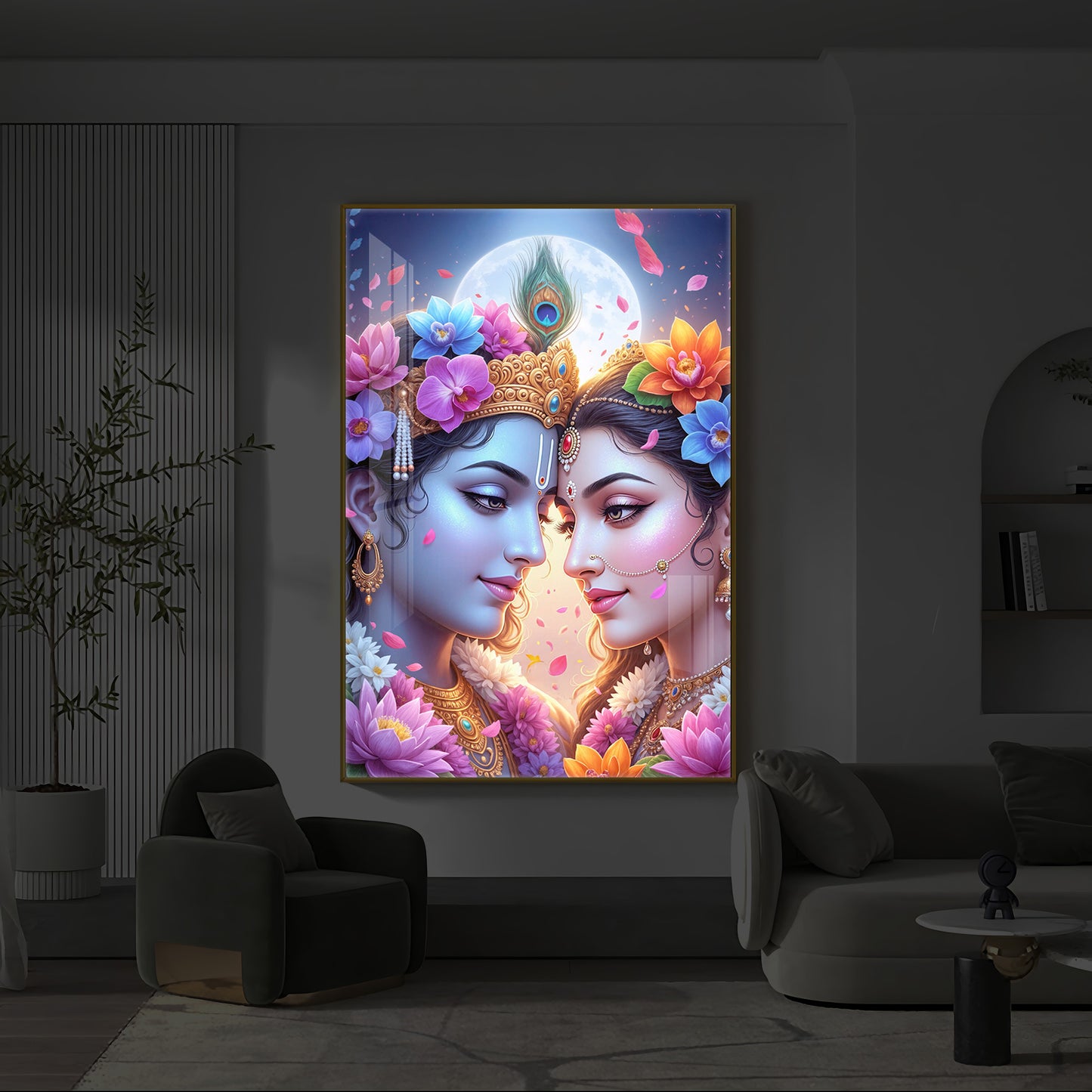 Loving Shri Radha Krishna Modern Luxury Backlight Vertical Wall Art