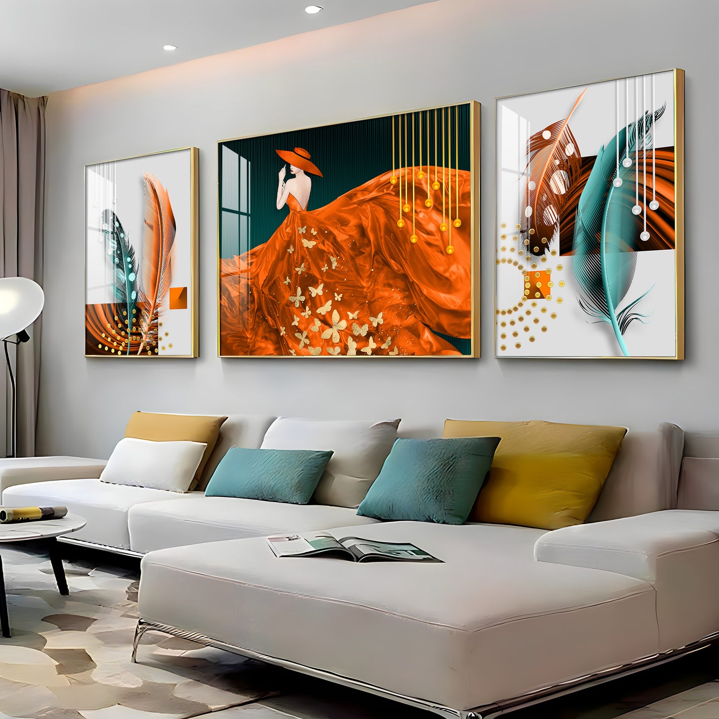 Women In Beautiful Orange Outfit Premium Acrylic Wall Art (Set of 3)