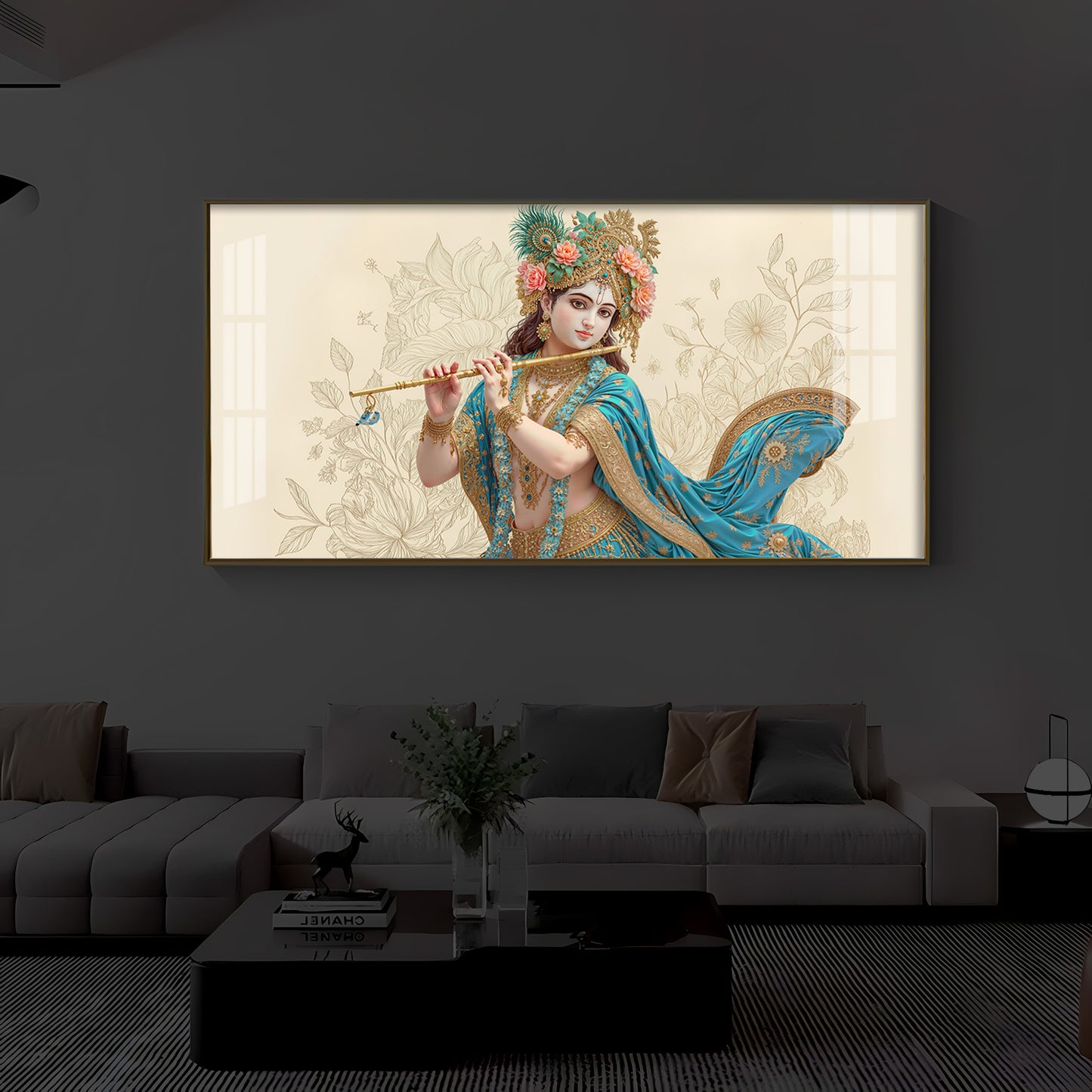 Beautiful Krishna Ji Modern Luxury Backlight Horizontal Wall Art