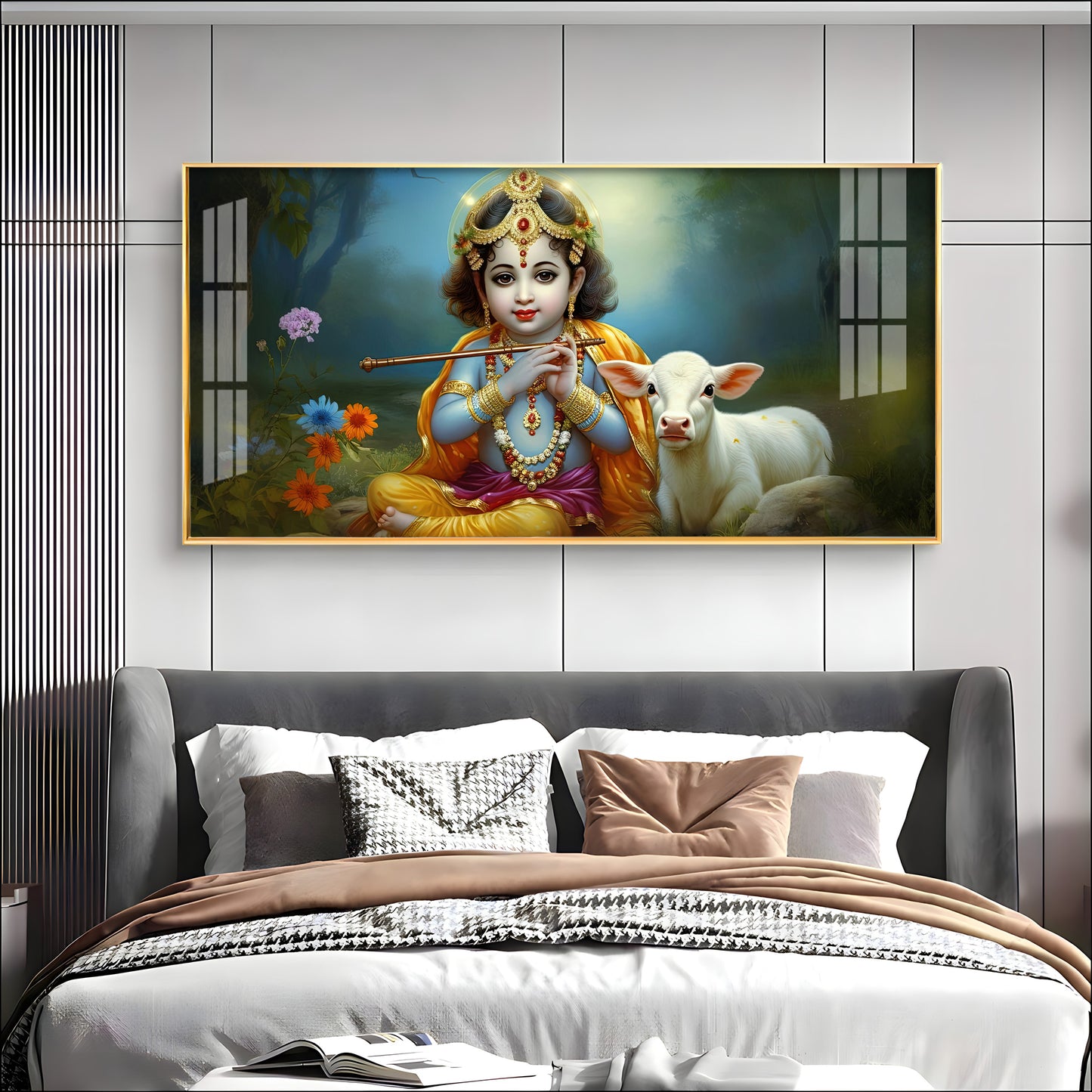 Little Krishna With Bansuri & Cow Premium Acrylic Horizontal Wall Art