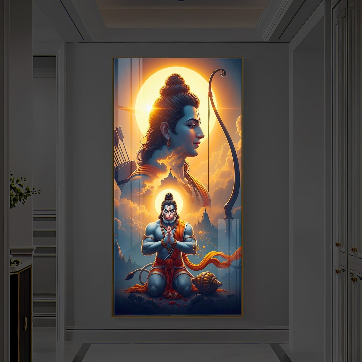 Ram and Hanuman Ji Modern Luxury Backlight Vertical Wall Art