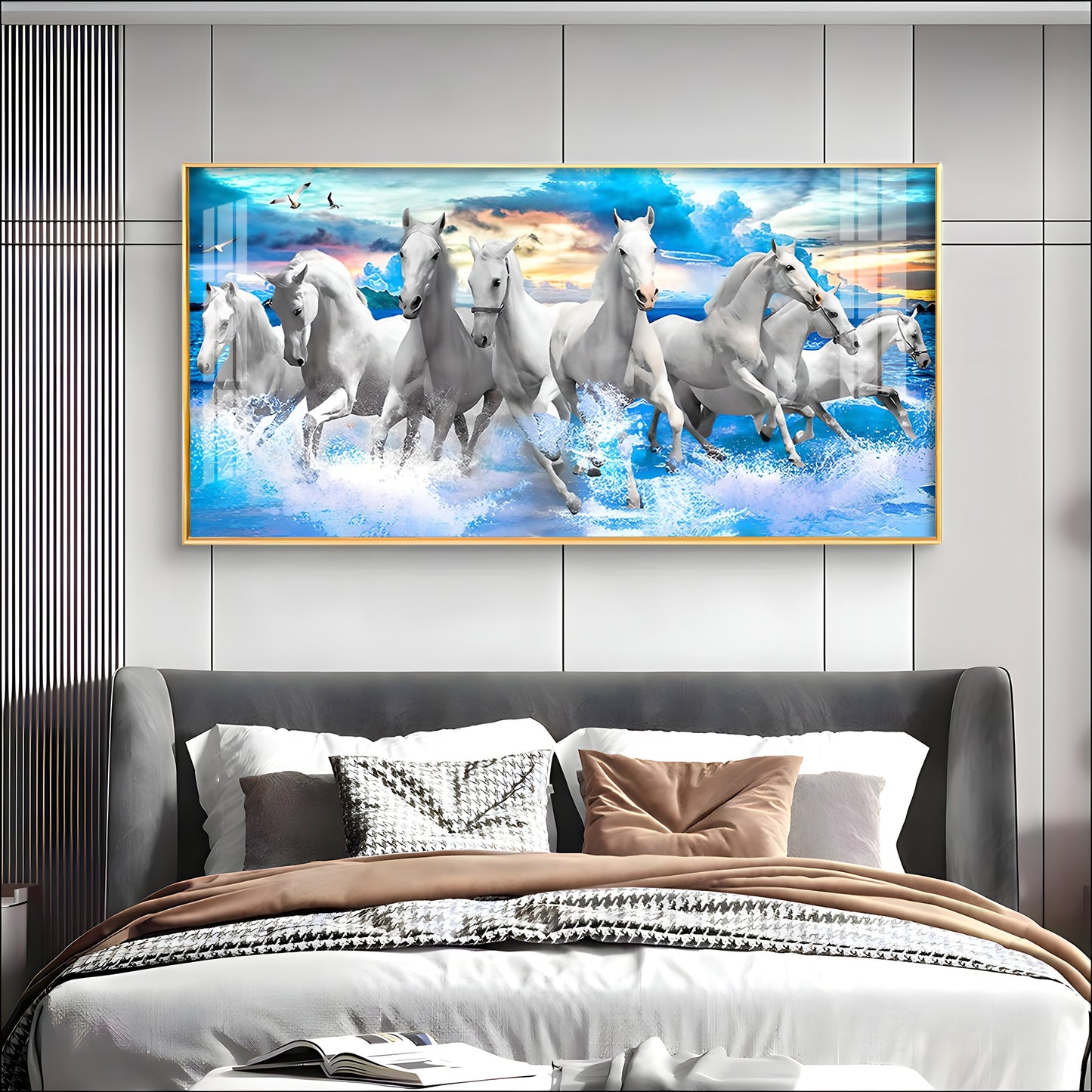 Vastu Running Horses With Sunrise Premium Acrylic Horizontal Wall Art