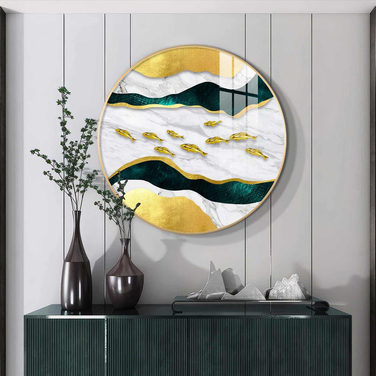 Noir & Gold Fish Premium Acrylic Round Wall Art