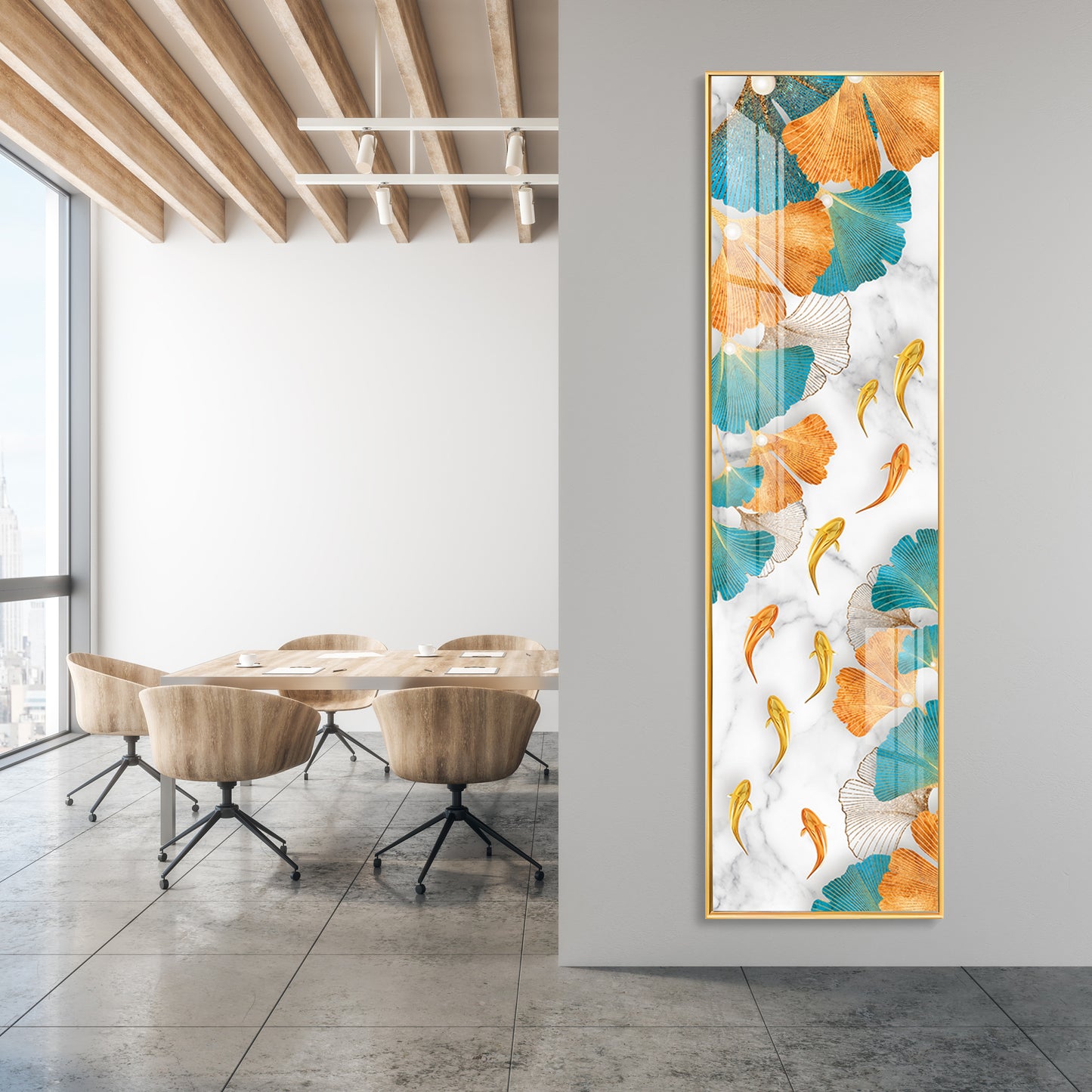Blue & Gold Ginkgo Leaves Premium Acrylic Vertical Wall Art