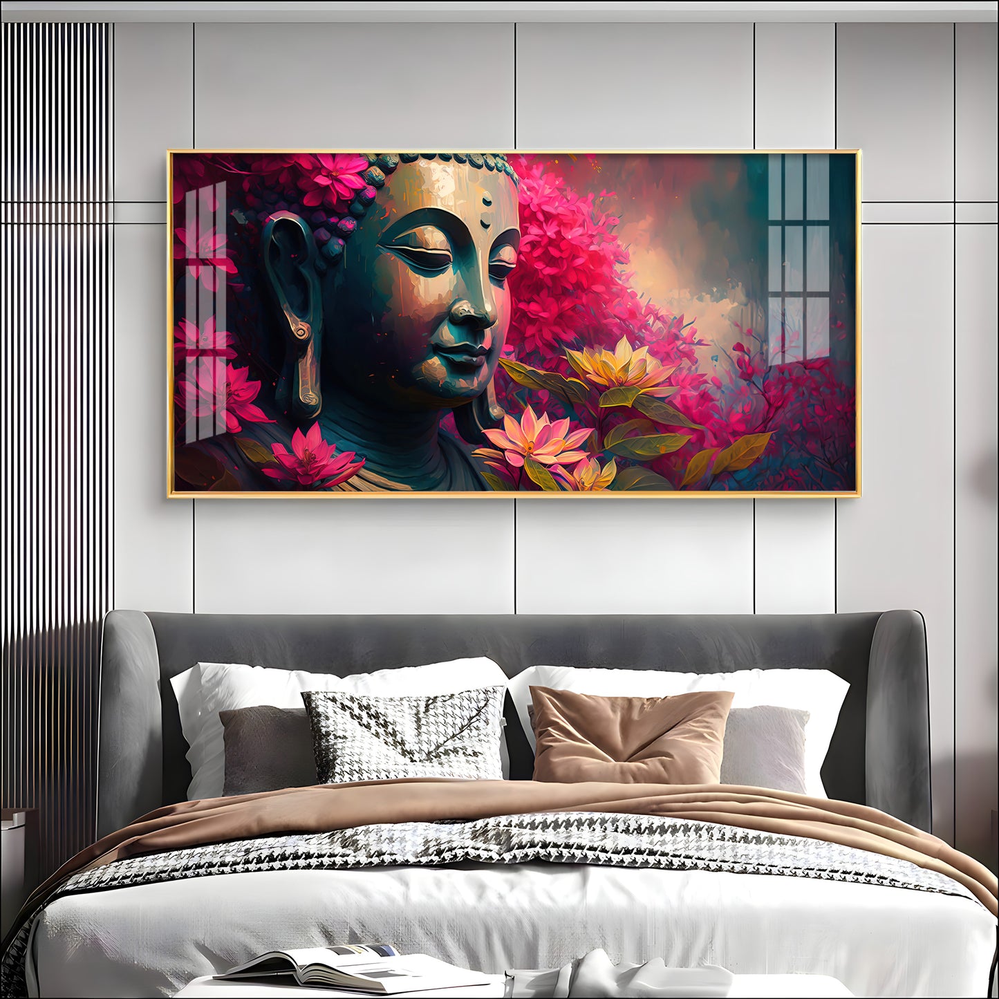 Lord Buddha Blossoms Premium Acrylic Horizontal Wall Art