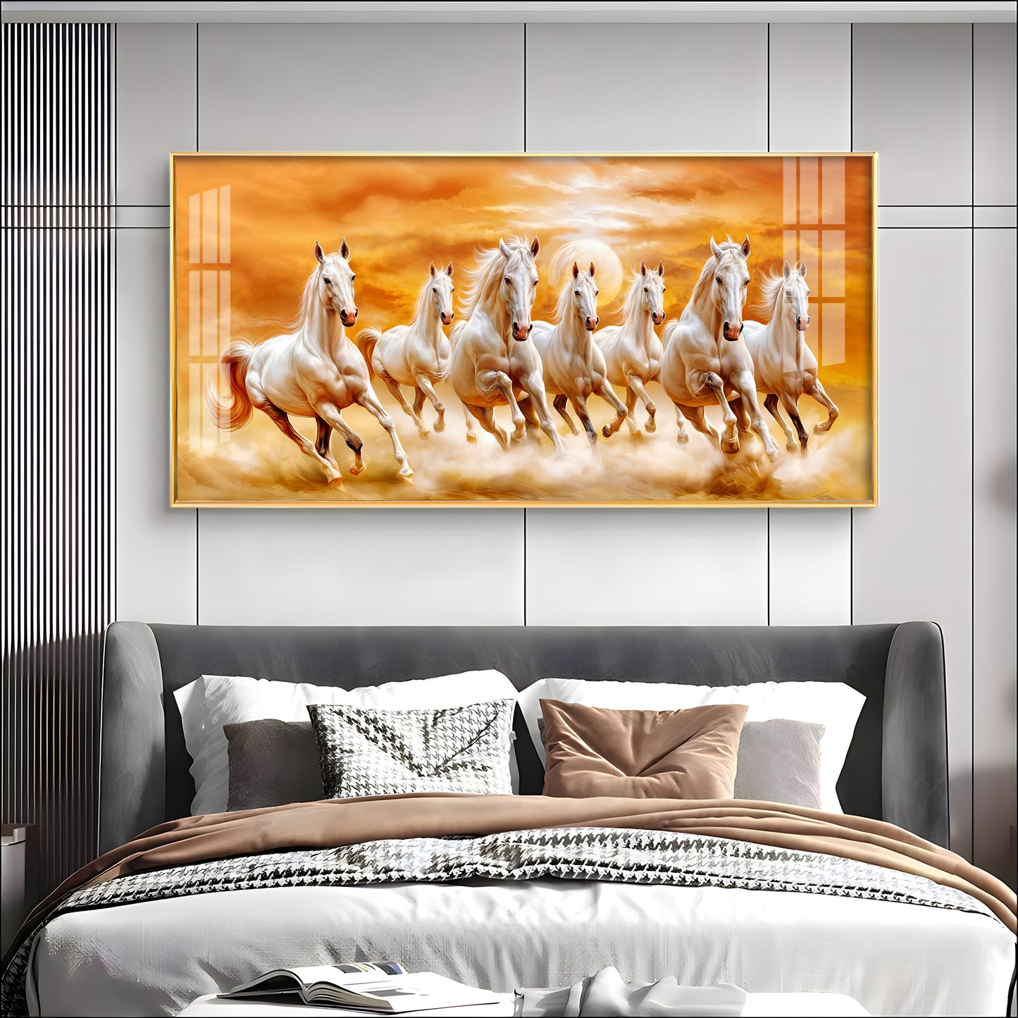 Vastu 7 Running White Horses Premium Acrylic Horizontal Wall Art