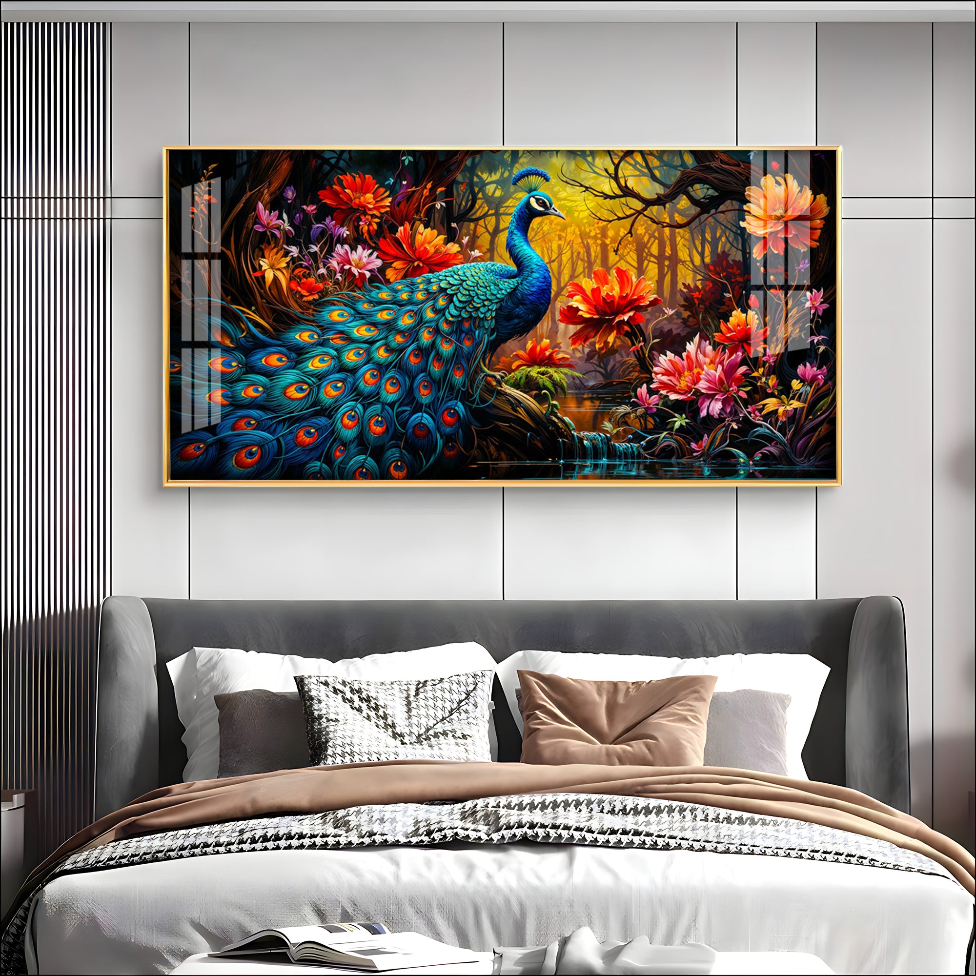 Surreal Peacock With Red Blossom Premium Acrylic Horizontal Wall Art