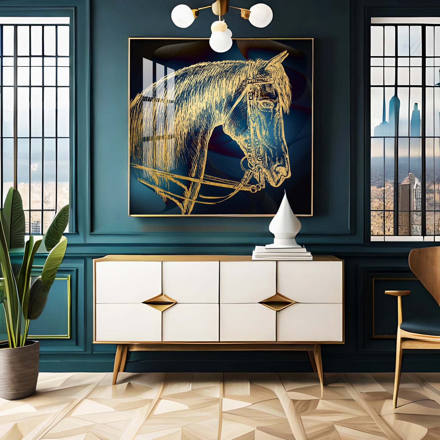 Golden Horse Head Premium Acrylic Square Wall Art